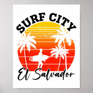 Surf City El Salvador Retro Zonsondergang Surfende Poster
