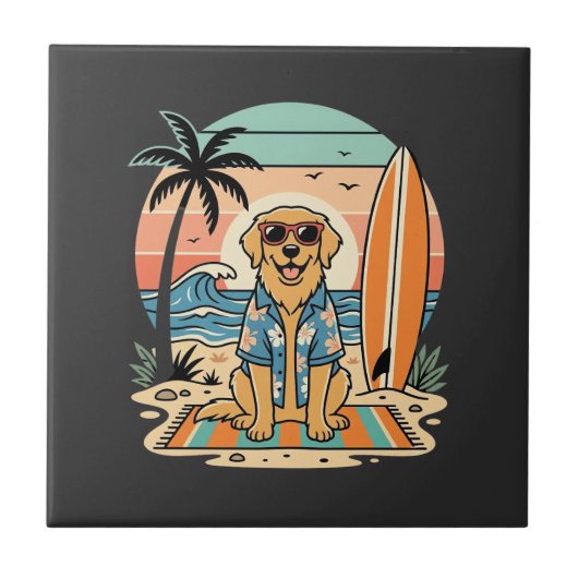 Surf Dog Retro Strand Zomer Tegeltje (Voorkant)