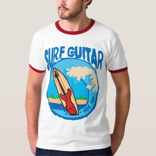 Surf gitaar: Rode gitaar op Surfboard. Weggooien! T-shirt (Voorkant)