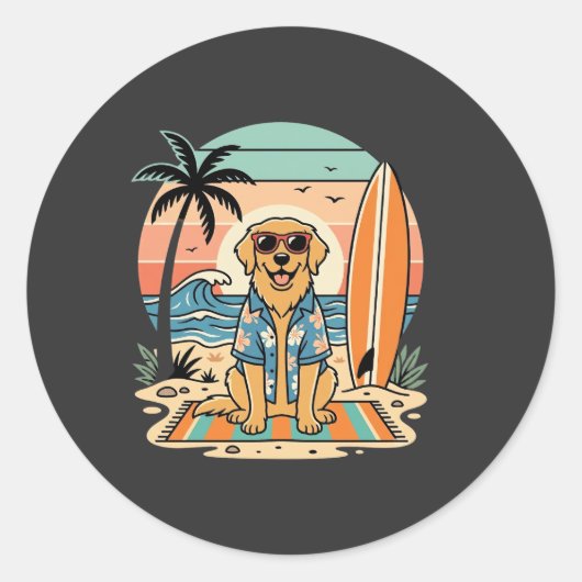 Surf Hound Retro Strand Zomer Ronde Sticker (Voorkant)