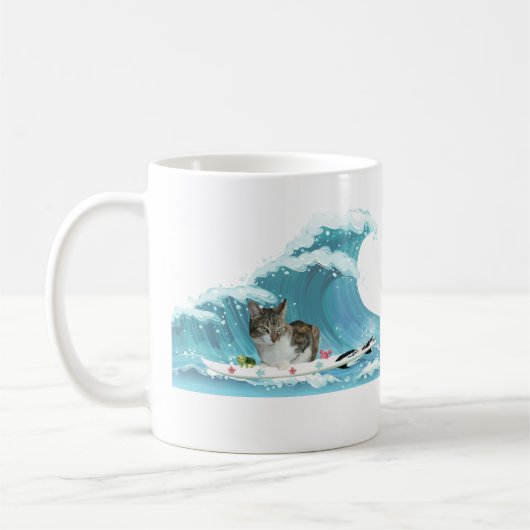 Surf Kat Grey Tabby Rides The Wave Koffiemok (Links)
