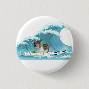 Surf Kat Grey Tabby Rides The Wave Ronde Button 3,2 Cm