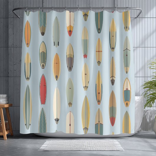 Surf Life | Retro Coastal Blue Surfboard Print Douchegordijn