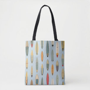 Surf Life Retro Kust Blauw Surfboard Print Strand Tote Bag