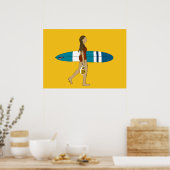 Surf meisje met lange bordjes poster (Keuken)