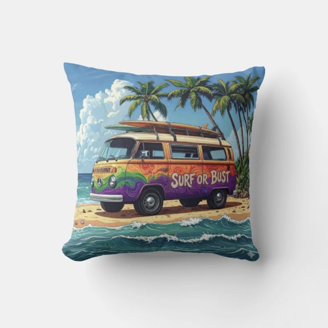 Surf of Bust Groovy Retro Hippie Surfer Strand Bus Kussen (Voorkant)
