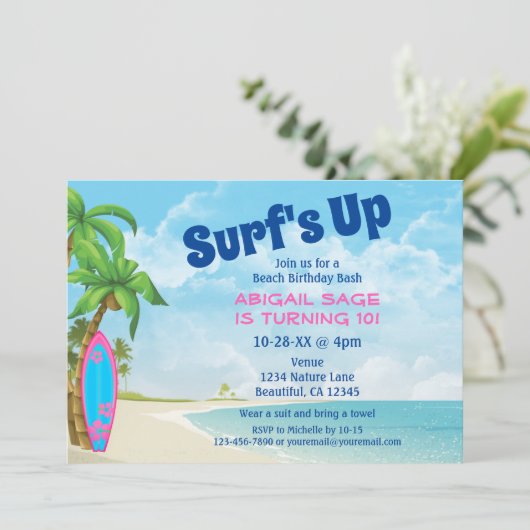 Surf omhoog roze en blauw Surfboard strand Birthda Kaart (Staand voorkant)