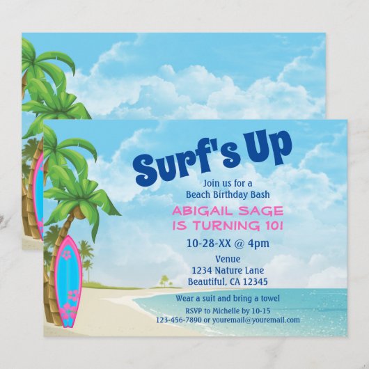 Surf omhoog roze en blauw Surfboard strand Birthda Kaart (Voorkant / Achterkant)