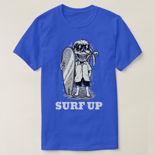 Surf omhoog skelet bij strand t-shirt (Design voorkant)