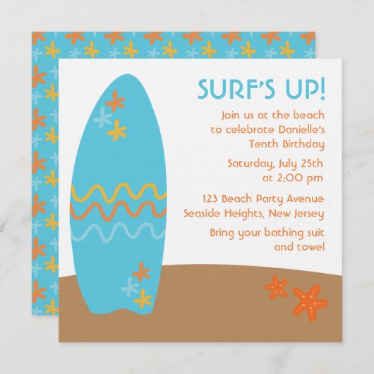 Surf omhoog! Uitnodigingen van partijen om te slaa (Voorkant / Achterkant)