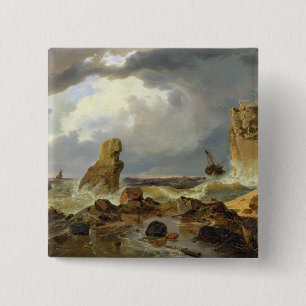 Surf op een Rocky Coast, 1835 Vierkante Button 5,1 Cm