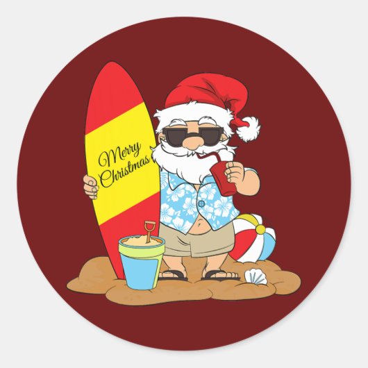 Surf op het strand Santa Hawaiian Kerstmis Ronde Sticker (Voorkant)