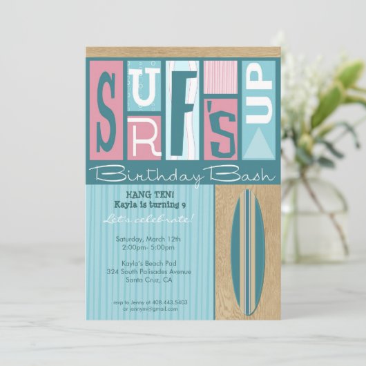 Surf op uitnodiging van Birthday - roze (Staand voorkant)