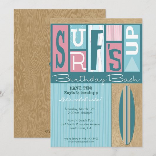 Surf op uitnodiging van Birthday - roze (Voorkant / Achterkant)