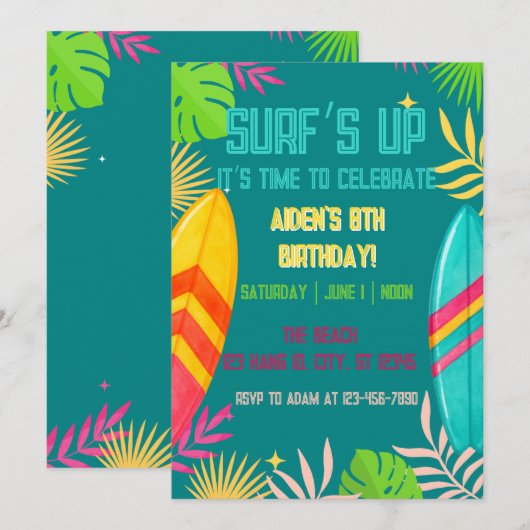 Surf op verjaardagsuitnodiging kaart (Voorkant / Achterkant)