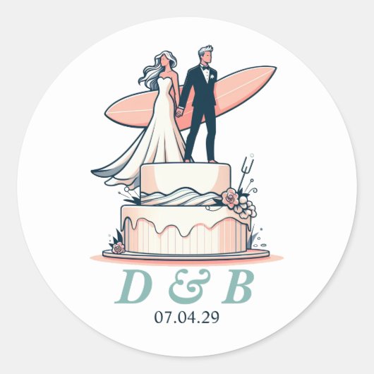 Surf Paar Bruiloft Ronde Sticker (Voorkant)