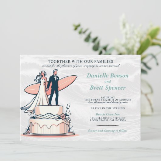 Surf paar bruiloft uitnodiging (Staand voorkant)
