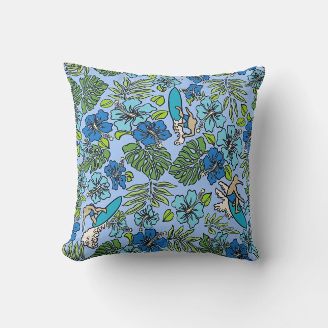 Surf Pareau Hawaiian Hibiscus Surfing - Turquoise Buitenkussen (Voorkant)