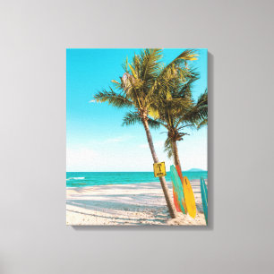 Surf planken op strandwerend kussen canvas afdruk