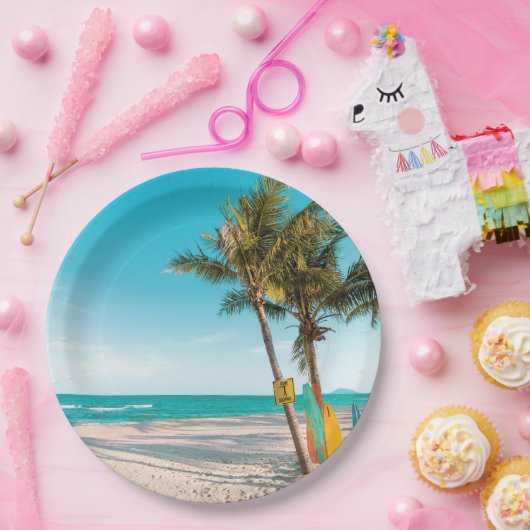 Surf planken op strandwerend kussen papieren bordje (Feest)