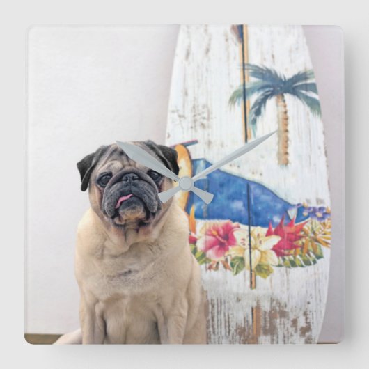 Surf Pug Vierkante Klok (Voorkant)
