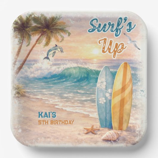 Surf’s Up Retro Beach Birthday Party  Papieren Bordje (Voorkant)