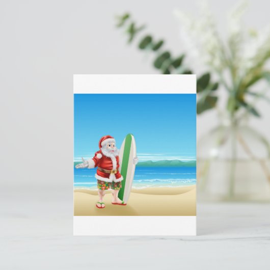 Surf Santa op het strand Feestdagenkaart (Staand voorkant)