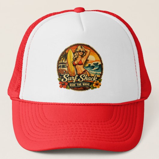Surf Shack Surfer Pin-Up | Ride The Wave Strand Trucker Pet (Voorkant)