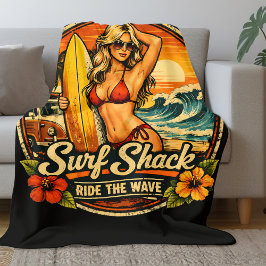 Surf Shack Surfer Pin-Up | Ride The Waves Beach Fleece Deken
