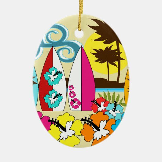 Surf Shop Surfred Ocean Beach Surfboards Palm Tree Keramisch Ornament (Voorkant)