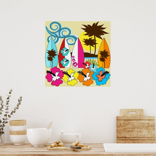 Surf Shop Surfred Ocean Beach Surfboards Palm Tree Poster (Keuken)