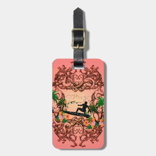 Surf, surfen met florale elementen a bagagelabel (Voorkant verticaal)