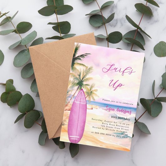 Surf Up Beach Surfboard roze meisje verjaardagsfee Kaart