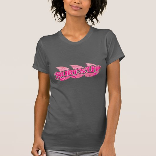Surf-up dames roze golven op bruin t-shirt (Voorkant)