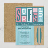 Surf Up Retro Baby shower Uitnodiging - Roze (Voorkant / Achterkant)