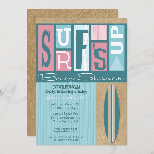 Surf Up Retro Baby shower Uitnodiging - Roze (Voorkant / Achterkant)