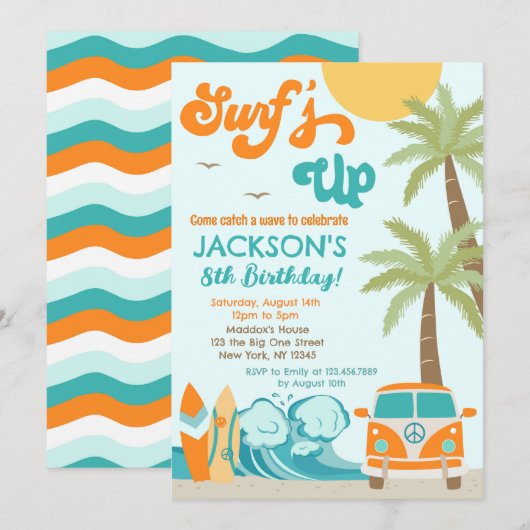 Surf-up Surf Beach Surfer Birthday Uitnodiging (Voorkant / Achterkant)