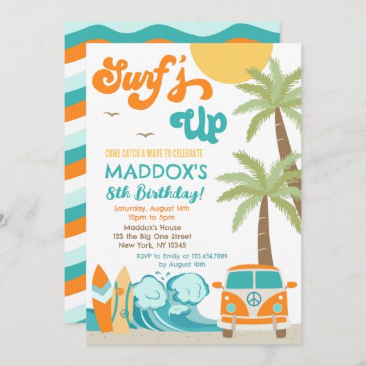 Surf-up Surf Beach Surfs Birthday Invitation Kaart (Voorkant / Achterkant)