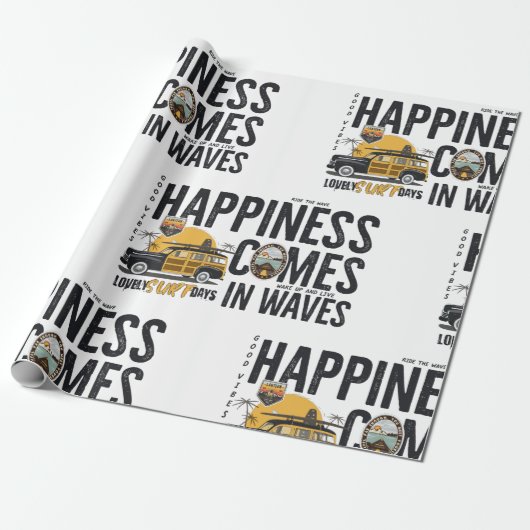 Surf Van Beach Quote Happiness Comes in Waves Cadeaupapier (Uitgerold)