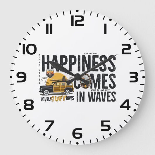Surf Van Beach Quote Happiness Comes in Waves Grote Klok (Voorkant)