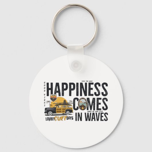 Surf Van Beach Quote Happiness Comes in Waves Sleutelhanger (Voorkant)