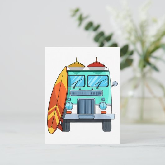 Surf Van Surfboard Palm Trees Surfende Surfer Wave Informatiekaartje (Staand voorkant)