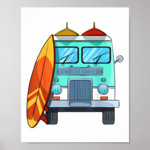 Surf Van Surfboard Palm Trees Surfende Surfer Wave Poster