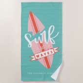 Surf Zand & Waves Retro Roze & Blauwgroen Surfboar Strandlaken (Voorkant)