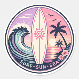 Surf • Zon • Zee Retro Tropische Golf Badge Vint Ronde Sticker