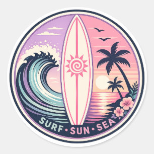 Surf • Zon • Zee Retro Tropische Golf Badge Vint Ronde Sticker