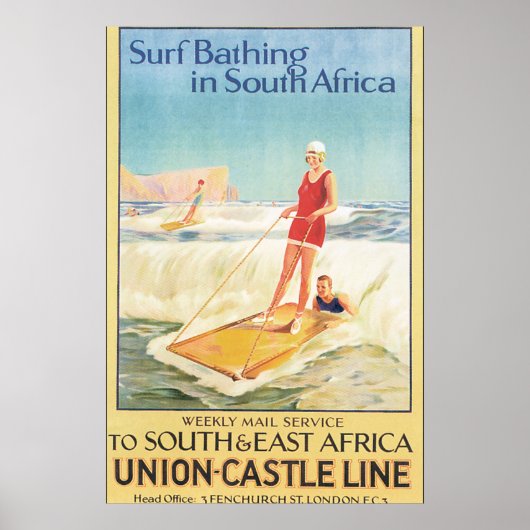 Surf zwemmen in Zuid-Afrika Vintage Travel Poster (Voorkant)