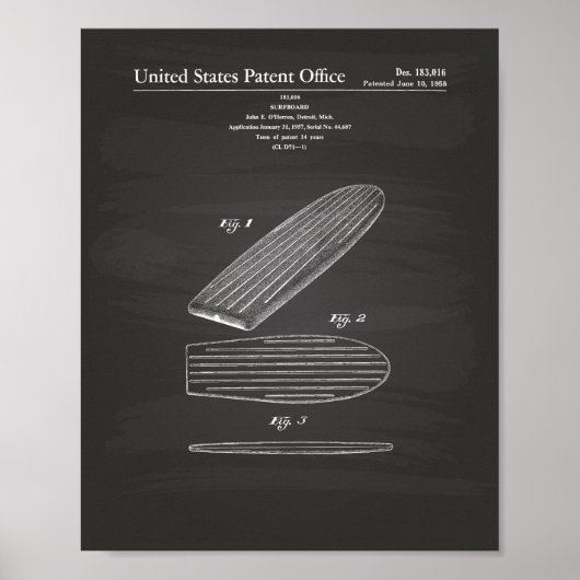 Surfboard 1958 Patent Art Chalkboard Poster (Voorkant)