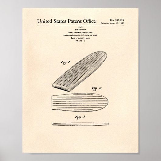 Surfboard 1958 Patent Art Old Peper Poster (Voorkant)