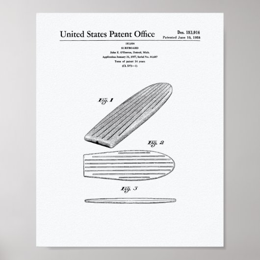 Surfboard 1958 Patent Art-witboek Poster (Voorkant)